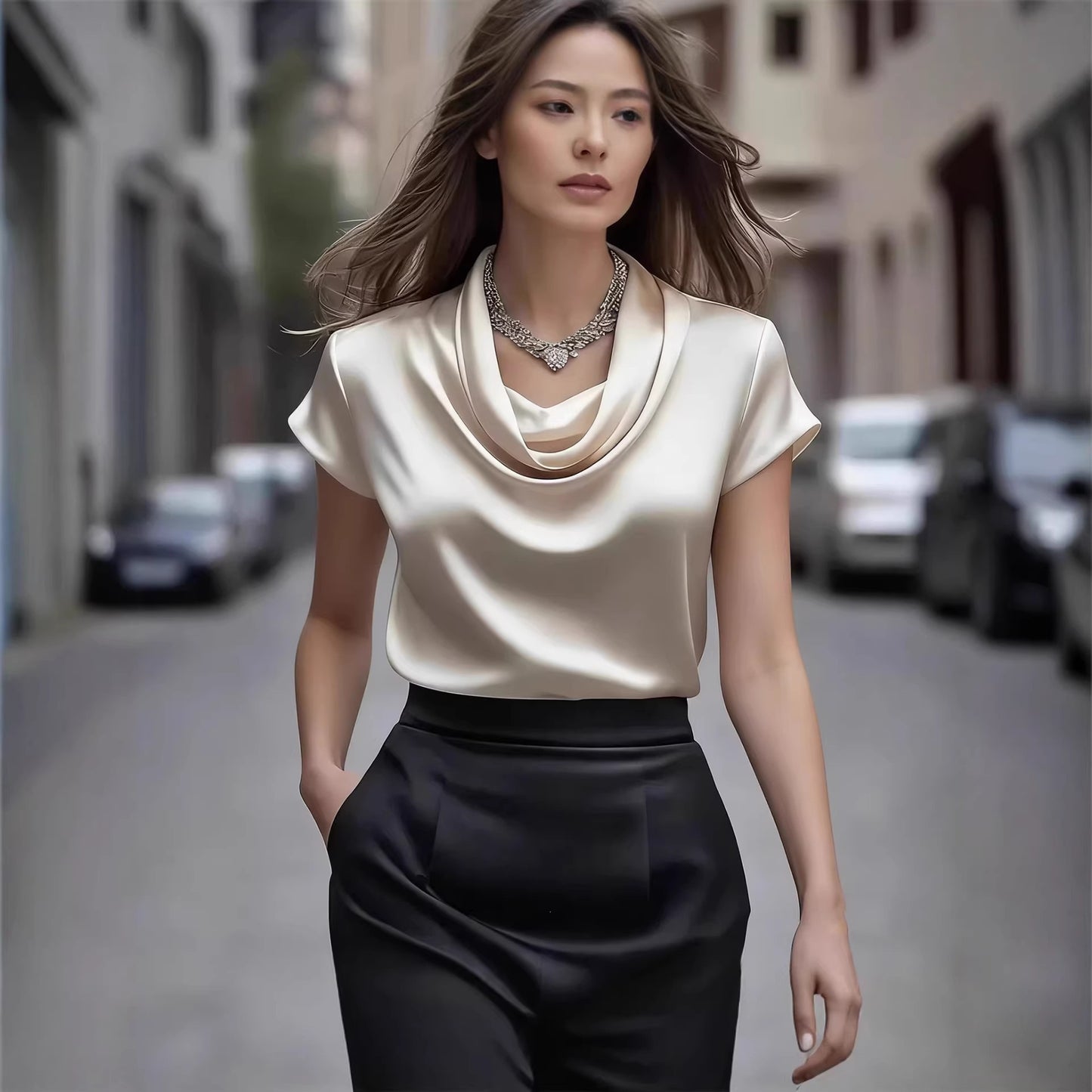 Women's Satin Drape Short Sleeve French Shirt Elegant Casual Summer Vacation Blouse - Seldom Seen Styles