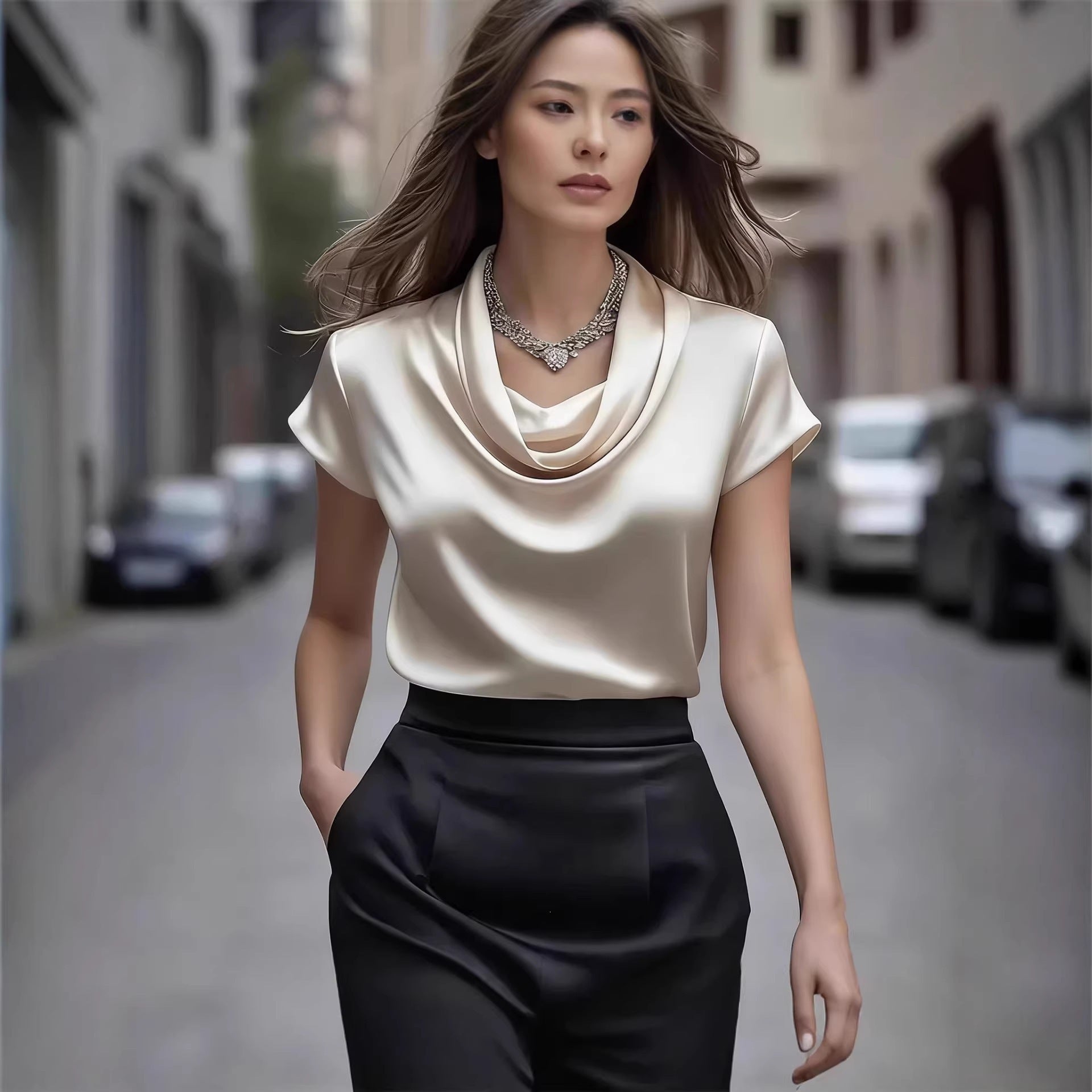 Women's Satin Drape Short Sleeve French Shirt Elegant Casual Summer Vacation Blouse - Seldom Seen Styles