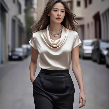 Women's Satin Drape Short Sleeve French Shirt Elegant Casual Summer Vacation Blouse