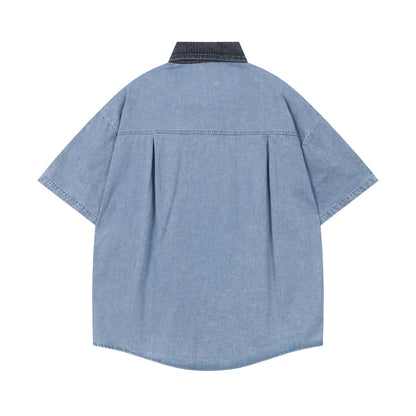 Crayon Sticker Embroidered Denim Shirt Loose Short Sleeve Casual Color Matching Couple Japanese Cute Streetwear Summer Top | Crayon Denim