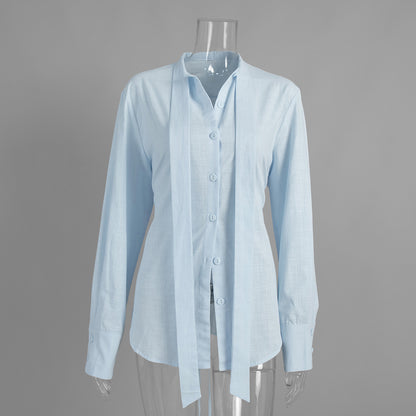 Strap-on shirt women's  autumn new streamer cardigan top commuter pure cotton slim-fit shirt women
