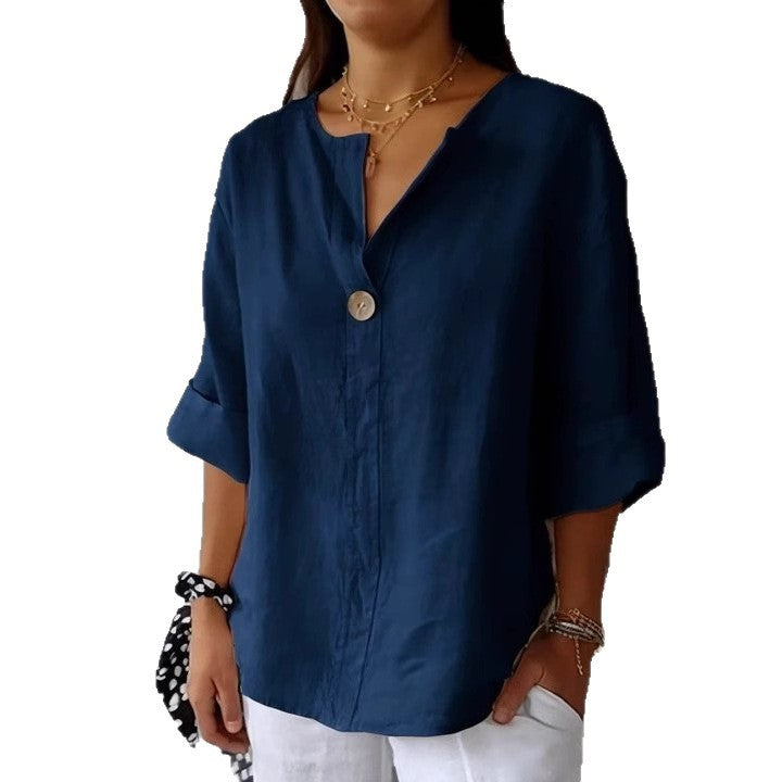 Women's Cotton Linen V-Neck Loose T-Shirt Button Detail Summer Casual Breathable Top Plus Size - Seldom Seen Styles