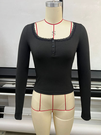 Women's Lace Button V-Neck Slim Fit Long Sleeve Top Casual Elegant Vacation Outfit