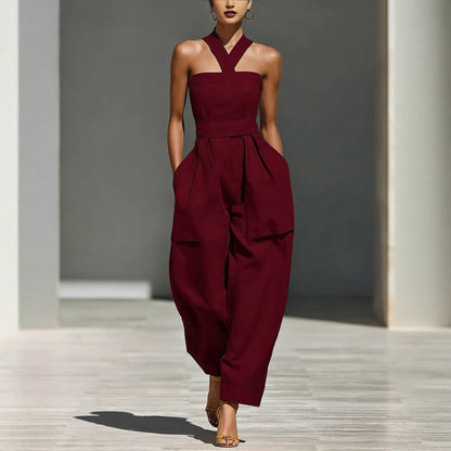 Women's Linen Blend Cross Halter Neck Loose Jumpsuit Casual Summer Vacation Outfit