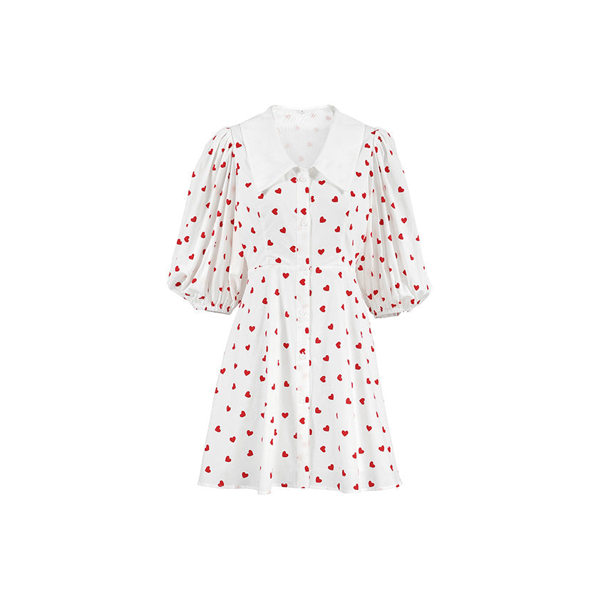 Women's Heart Print Puff Sleeve Mini Dress Button Down A Line Cute Summer Dress - Seldom Seen Styles