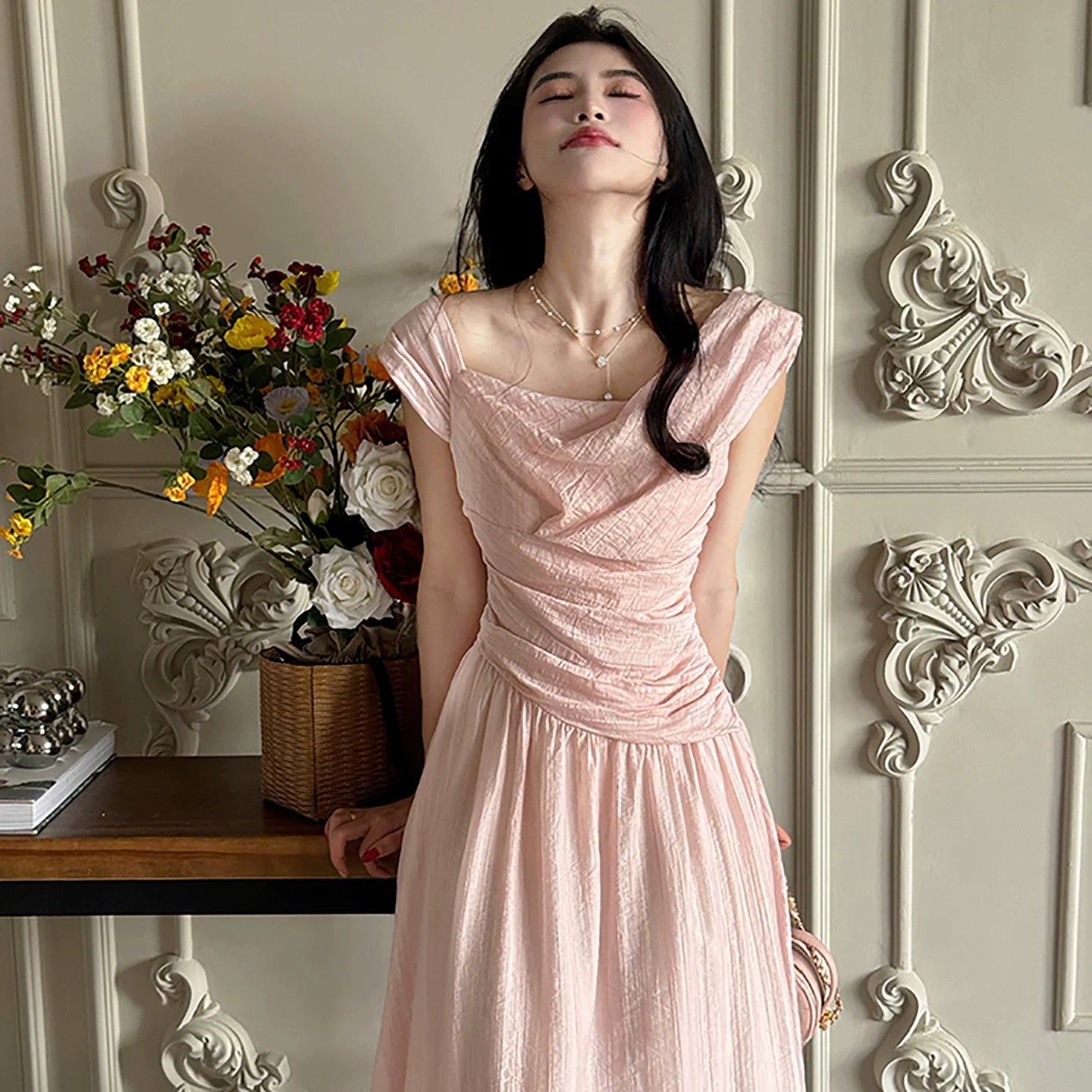Elegant Off Shoulder Midi Dress – Slim Waist Soft Pink Summer Dress for Women - Seldom Seen Styles