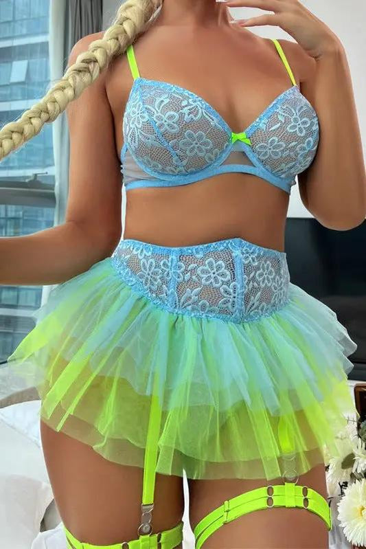 Blue Green Wired Bra Boned Corset Tutu Thong Garter Sexy 5Pc Lingerie Set
