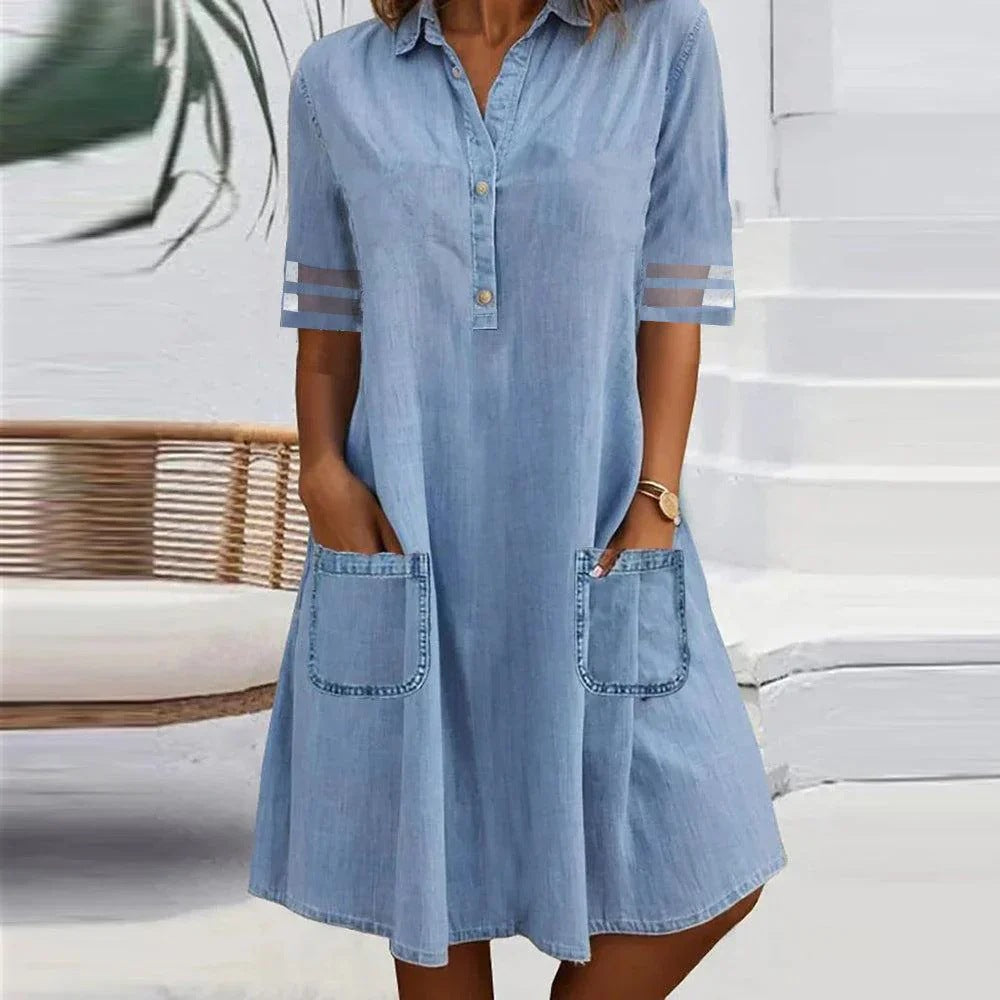 Women's Casual Denim Shirt Dress Short Sleeve Loose Fit Pocket Dress - Seldom Seen Styles