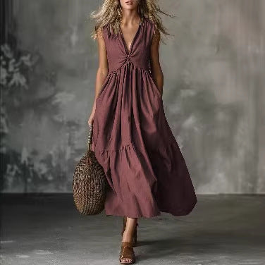 Women's Solid Color Sleeveless V-Neck Dress Elegant Casual Summer Vacation Midi Dress - Seldom Seen Styles