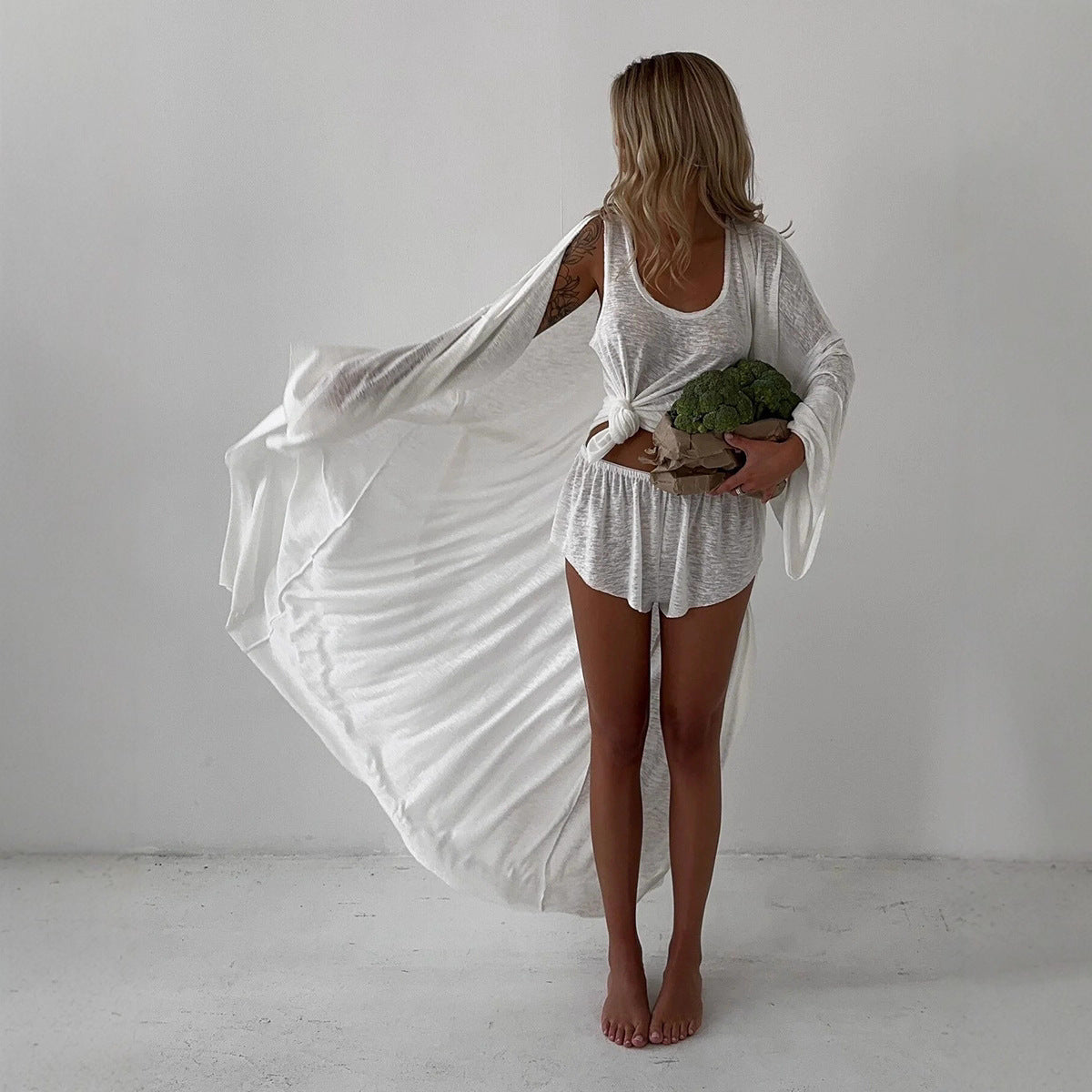 White robe vest shorts three-piece autumn new translucent beachwear casual suit - Seldom Seen Styles