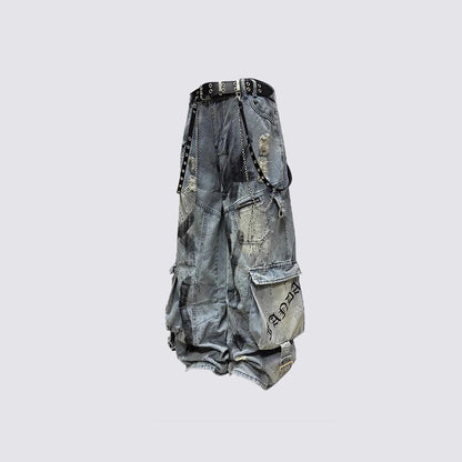 KIIKIO Streetwear Cargo Denim Pants with Belt and Chain Details