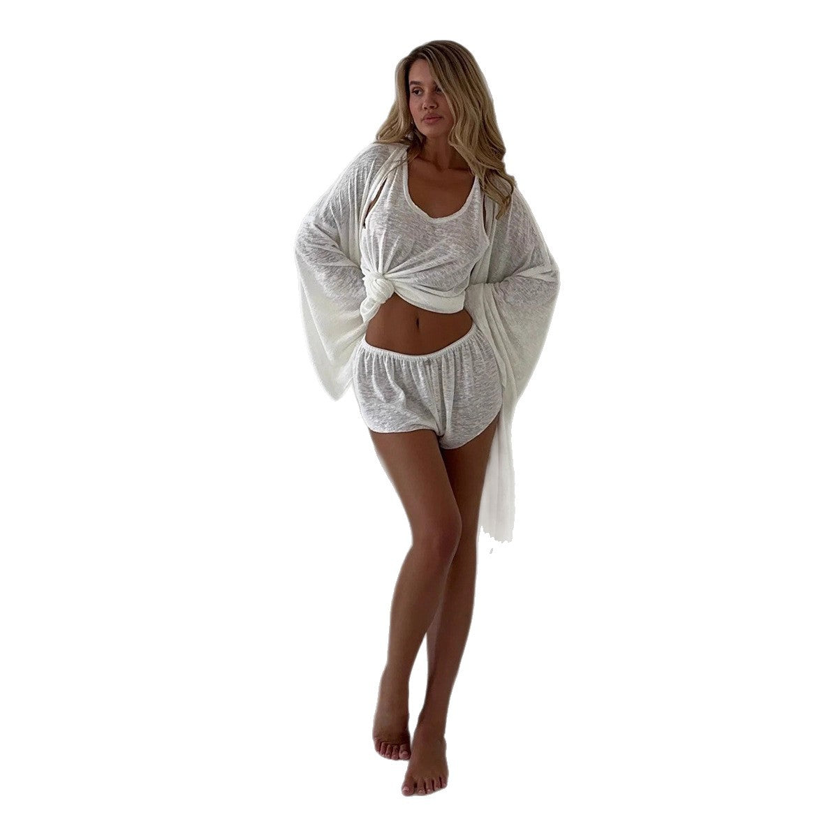 White robe vest shorts three-piece autumn new translucent beachwear casual suit - Seldom Seen Styles