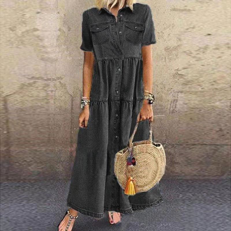 Women's Denim Maxi Dress Button Down Short Sleeve Casual Loose Shirt Dress with Pockets - Seldom Seen Styles