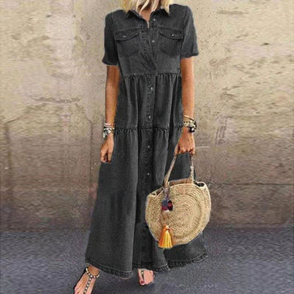 Women's Denim Maxi Dress Button Down Short Sleeve Casual Loose Shirt Dress with Pockets