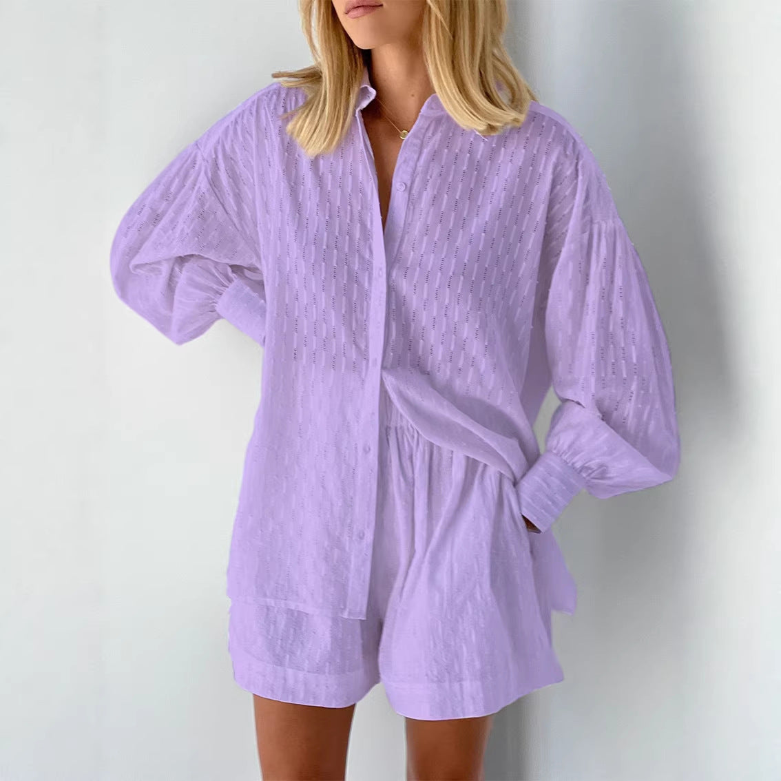 Women's Jacquard Bubble Sleeve Shirt Shorts Two-Piece Set Casual Commuter Chic Summer Outfit - Seldom Seen Styles