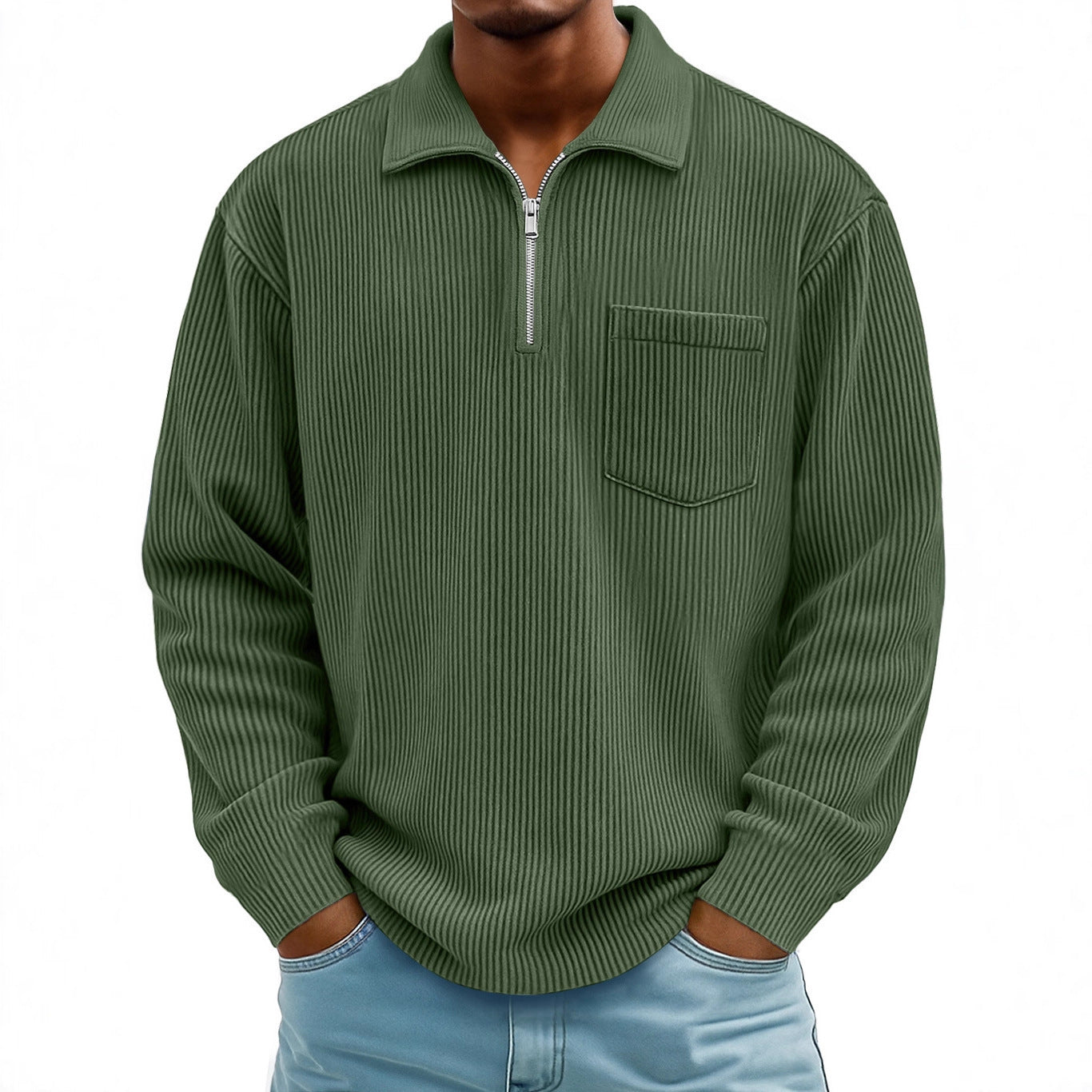 Men's Ribbed Quarter Zip Pullover Sweater Casual Long Sleeve Knit Polo Sweatshirt with Pocket