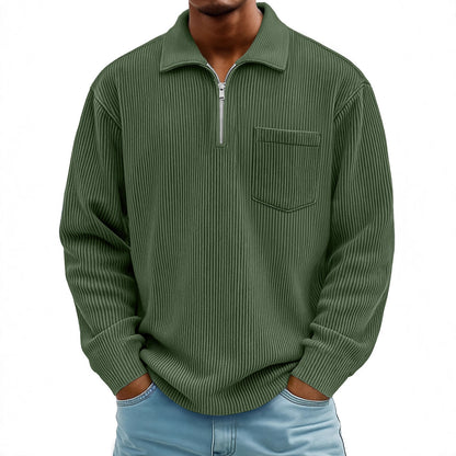 Men's Ribbed Quarter Zip Pullover Sweater Casual Long Sleeve Knit Polo Sweatshirt with Pocket