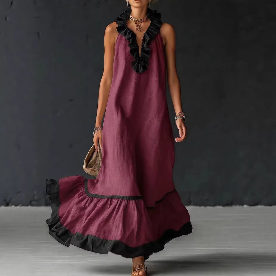 Women's Sleeveless V-Neck Ruffle Maxi Dress Loose Casual Summer Beach Vacation Long Vest Dress - Seldom Seen Styles