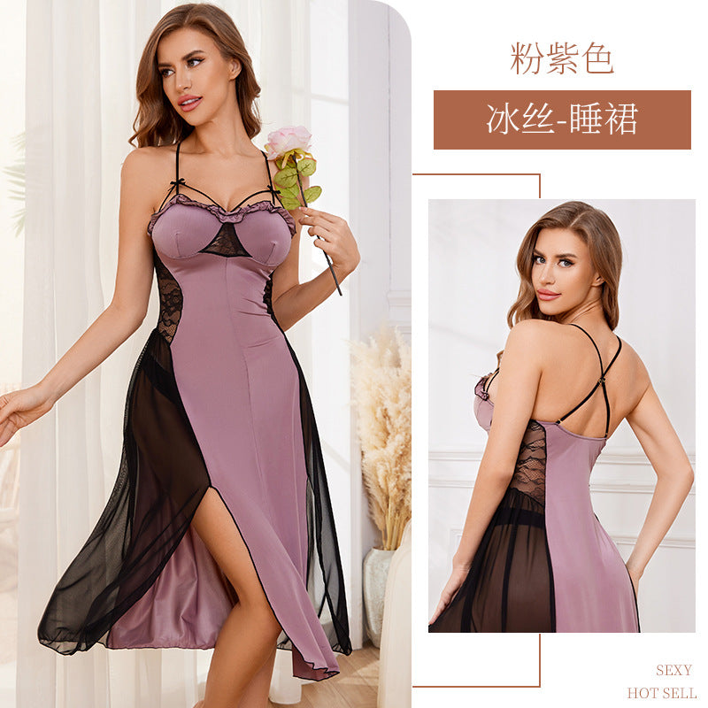 Women's Leopard Print Satin Nightgown French Lace Slip Dress Sexy Spaghetti Strap Sleepwear Maxi Nightdress with Matching Robe - Seldom Seen Styles