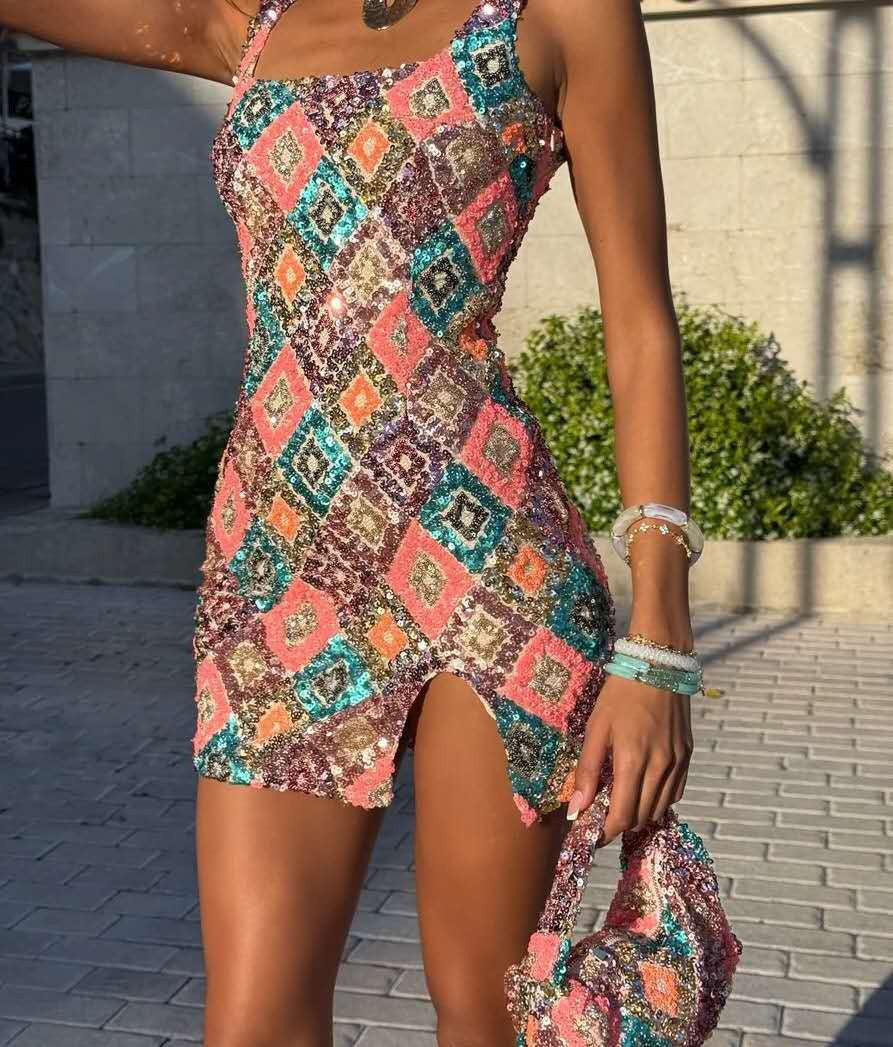 Spring and summer fashion new short-sleeved cross-border color rhombus sequins split hip wrap sexy dress - Seldom Seen Styles