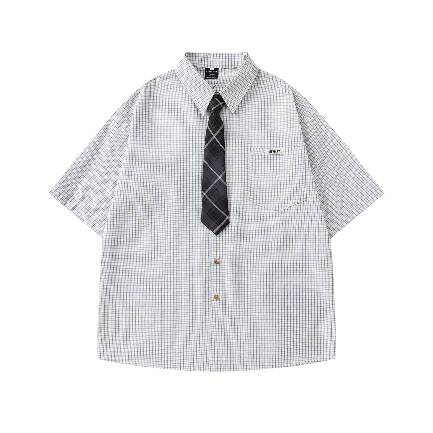 Checkered Short-Sleeve Shirt with Tie 或 Chic Plaid Tie Shirt