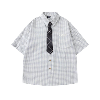 Checkered Short-Sleeve Shirt with Tie 或 Chic Plaid Tie Shirt