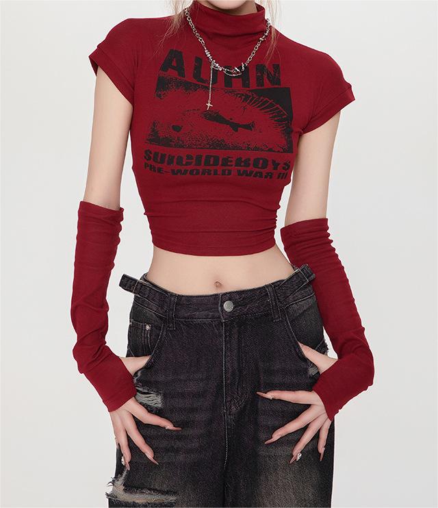Women's Graphic Crop Top Y2K Slim Fit Mock Neck Streetwear Short Sleeve Tee with Arm Warmers - Seldom Seen Styles