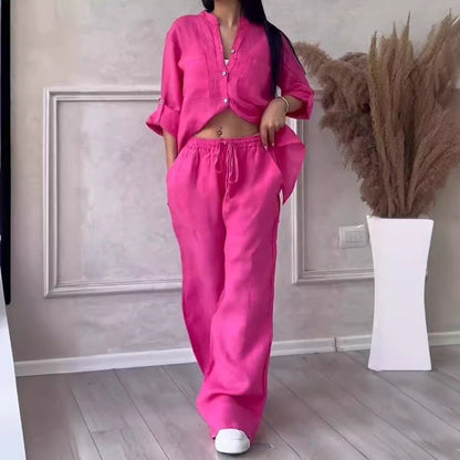 Women's Linen Two Piece Set Button Down Shirt and Wide Leg Pants Casual Matching Outfit Summer Vacation Co Ord Set