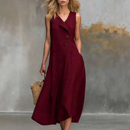 Women's Sleeveless Linen Midi Dress Button Front Lapel V Neck Casual A Line Summer Dress with Pockets
