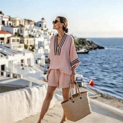 Women's Striped Ramie Bamboo Fiber V-Neck Flying Sleeve Loose Casual Top Summer Beach Vacation Shirt