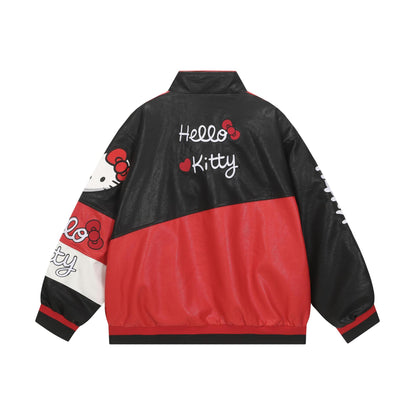 Color Block Embroidered KT Racing Leather Jacket Unisex Loose Fit Motorcycle Couple Streetwear Niche Design Biker Jacket | Moto Kart