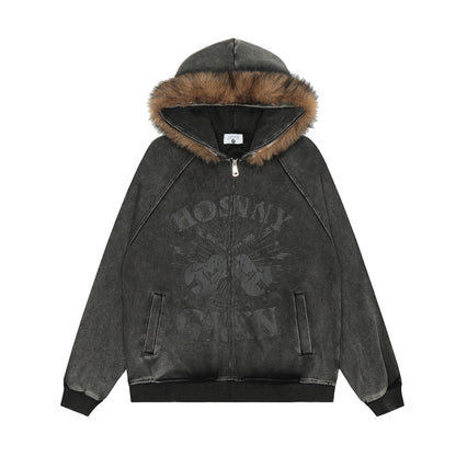 Guitar Print Fur Collar Hooded Cardigan Unisex Loose Fit American Streetwear Couple Casual Jacket | Guitar Hood