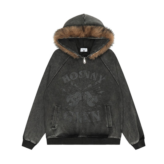 Guitar Print Fur Collar Hooded Cardigan Unisex Loose Fit American Streetwear Couple Casual Jacket | Guitar Hood
