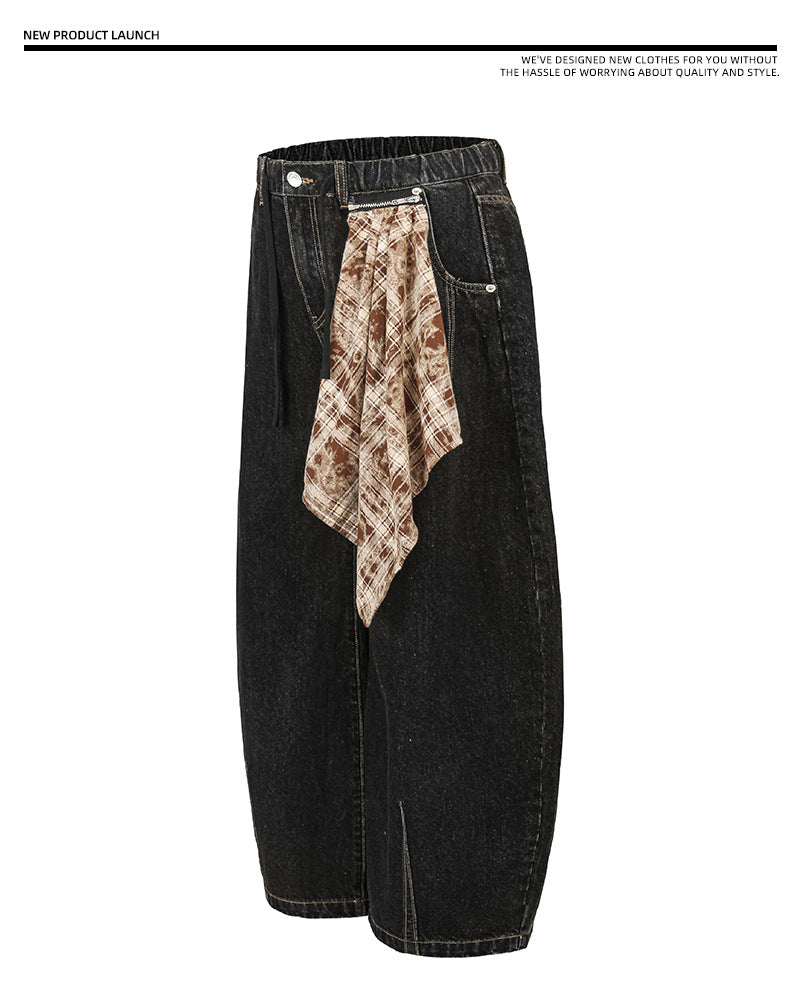 Seakoff Detachable Plaid Side-Panel Wide-Leg Jeans