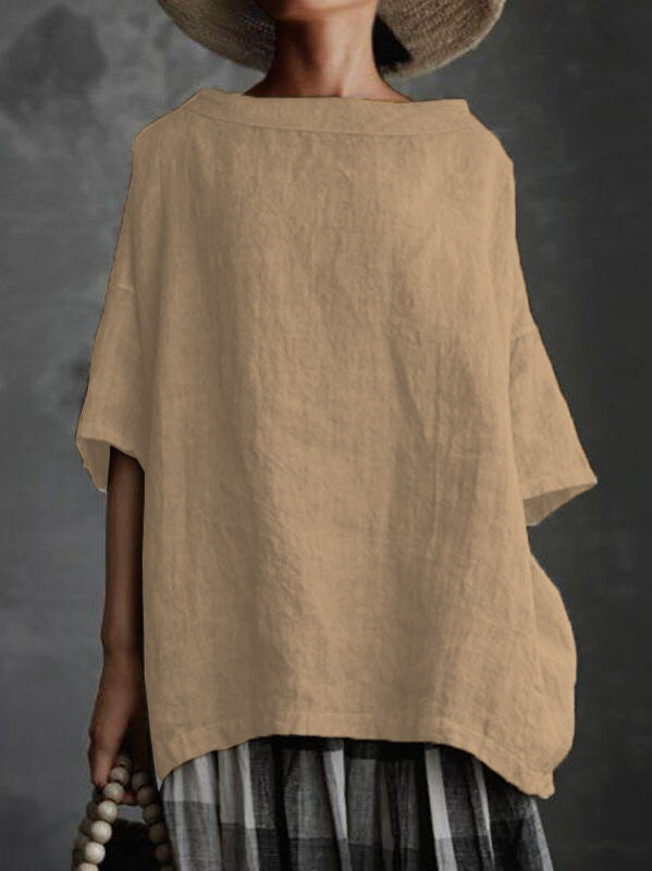 Women's Cotton Linen Round Neck Loose T-Shirt Casual Short Sleeve Solid Color Plus Size Top