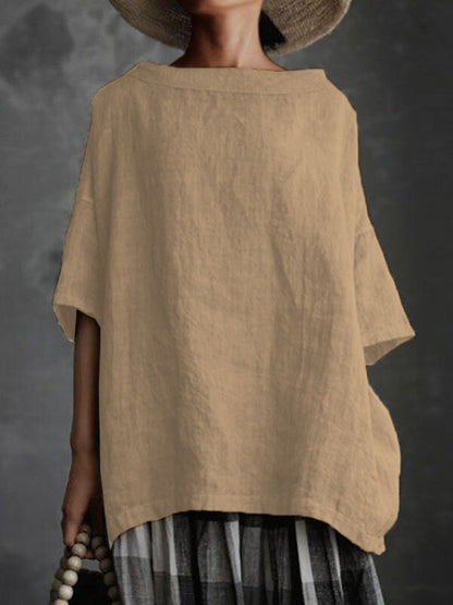 Women's Cotton Linen Round Neck Loose T-Shirt Casual Short Sleeve Solid Color Plus Size Top