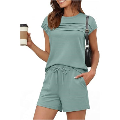 Women's Striped Two Piece Set Casual Loose Fit Crop Top and Shorts Summer Outfit
