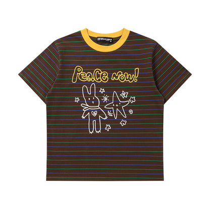 Peace Bunny Stripe Ringer T-Shirt Short Sleeve Crew Neck Casual Summer Cute Streetwear Tee | Peace Bunny Ringer