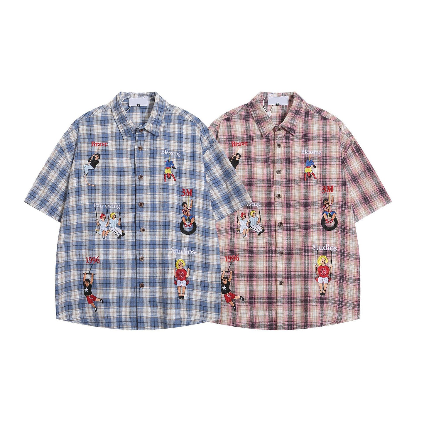 Wild Azi Playful Cartoon Oversized Plaid Button-Up Shirt