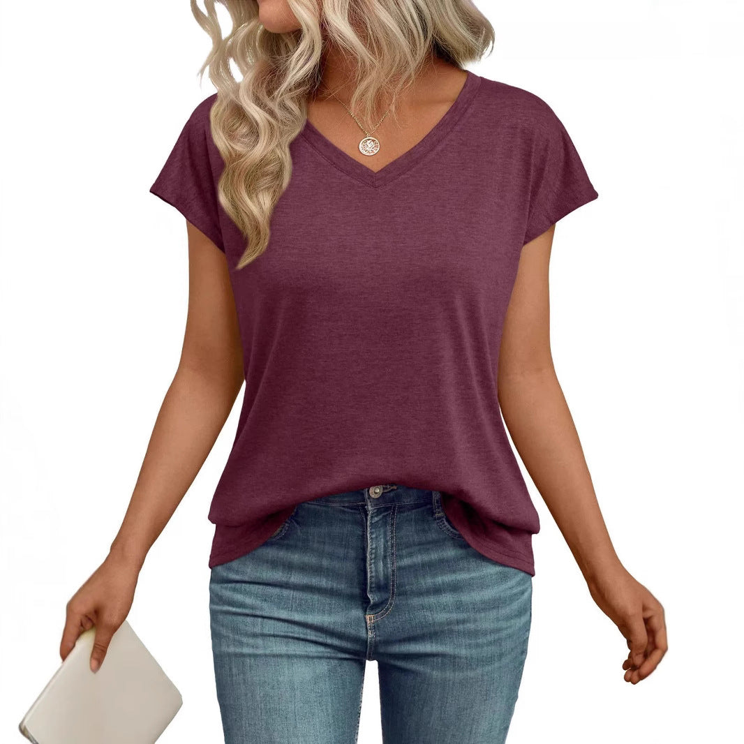 Women's Solid Color V-Neck Short Sleeve Loose Casual Top Summer Everyday Relaxed Fit Tee - Seldom Seen Styles