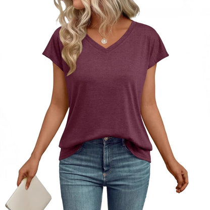 Women's Solid Color V-Neck Short Sleeve Loose Casual Top Summer Everyday Relaxed Fit Tee