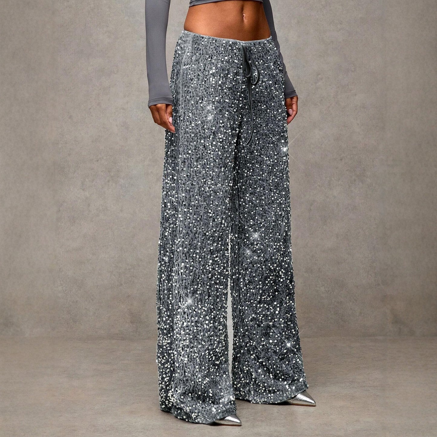 Women's Fashion Pants with Elastic Waistband, Bow Tie Design, Sequins Detailing, Stylish Long Trousers for Casual Wear