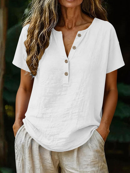 Women's V-Neck Button Up Short Sleeve Solid Color Relaxed Fit Casual Summer Vacation Top