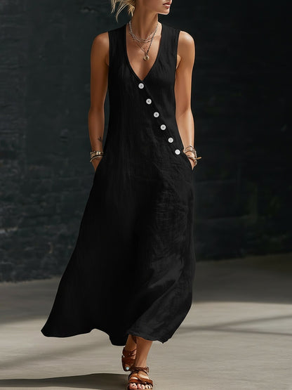 Women's V-Neck Cotton Linen Sleeveless Vest Maxi Dress Casual Summer Beach Vacation Boho Outfit