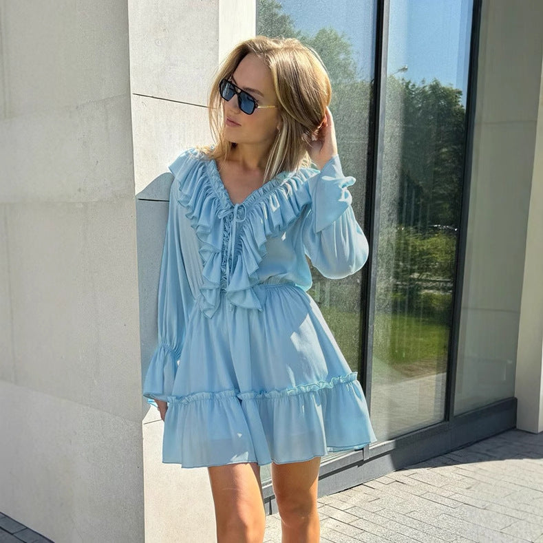 V-neck dress women's new horn sleeve dress short chiffon dress - Seldom Seen Styles