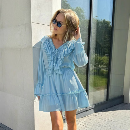 V-Ausschnitt Kleid Damen neues ausgestelltes Ärmelkleid kurzes Chiffonkleid