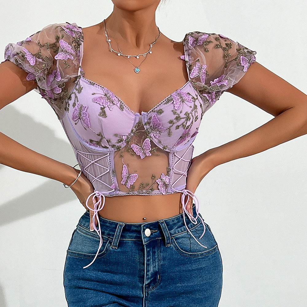 Embroidery Sweetheart Neck Short Sleeve Lace Trim Blouse - Seldom Seen Styles