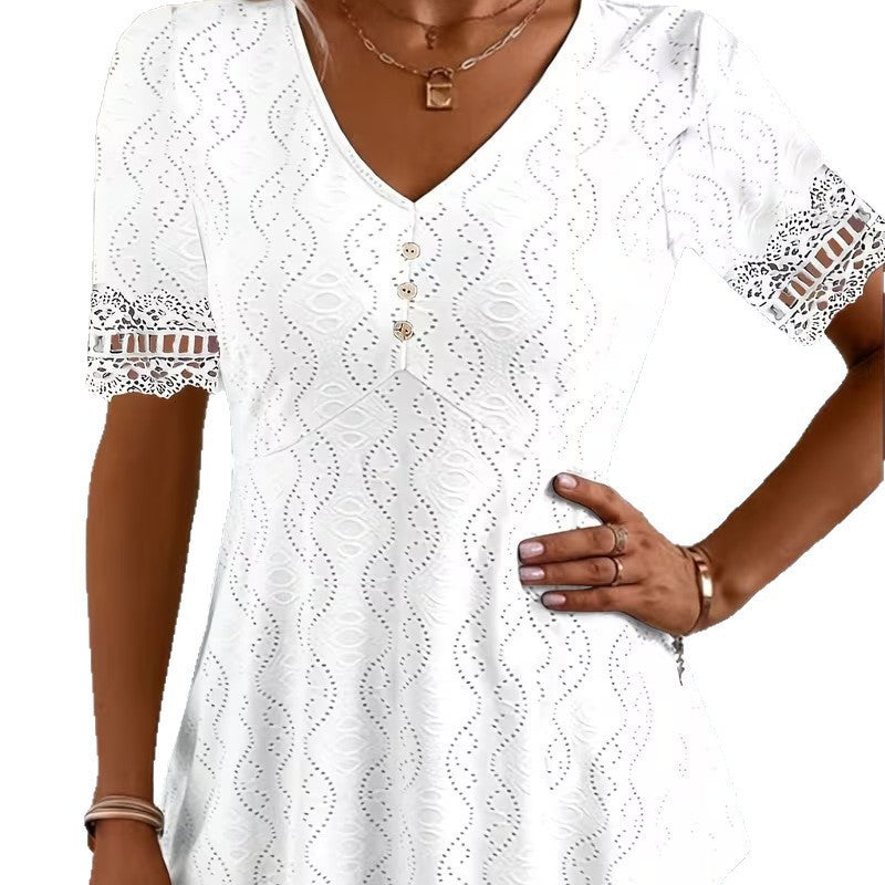 Women's V Neck Eyelet Lace Blouse Short Sleeve Tunic Top Casual Summer Shirt Boho Crochet Trim Top - Seldom Seen Styles
