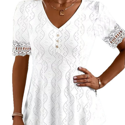 Women's V Neck Eyelet Lace Blouse Short Sleeve Tunic Top Casual Summer Shirt Boho Crochet Trim Top