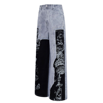 Graffiti Splicing Design Loose Straight Denim Trousers Retro American Niche Streetwear Casual Spring Summer Jeans | Graffiti Drift